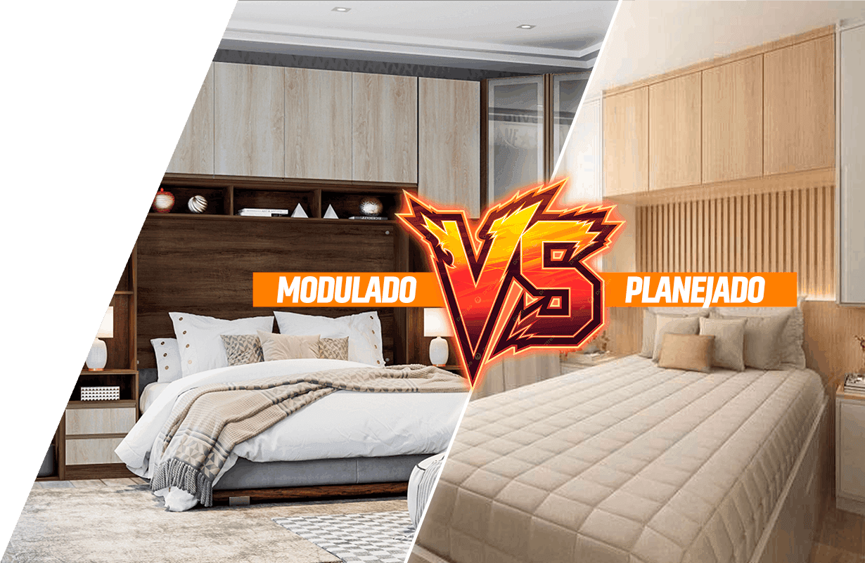 Split-screen bedroom comparison: left shows a modular bedroom, right shows a planned bedroom, with a bold VS logo between and orange MODULADO and PLANEJADO banners.